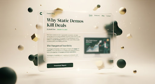 Mockup of a slide titled 'Why Static Demos Kill Deals' surrounded by scattered graphic elements